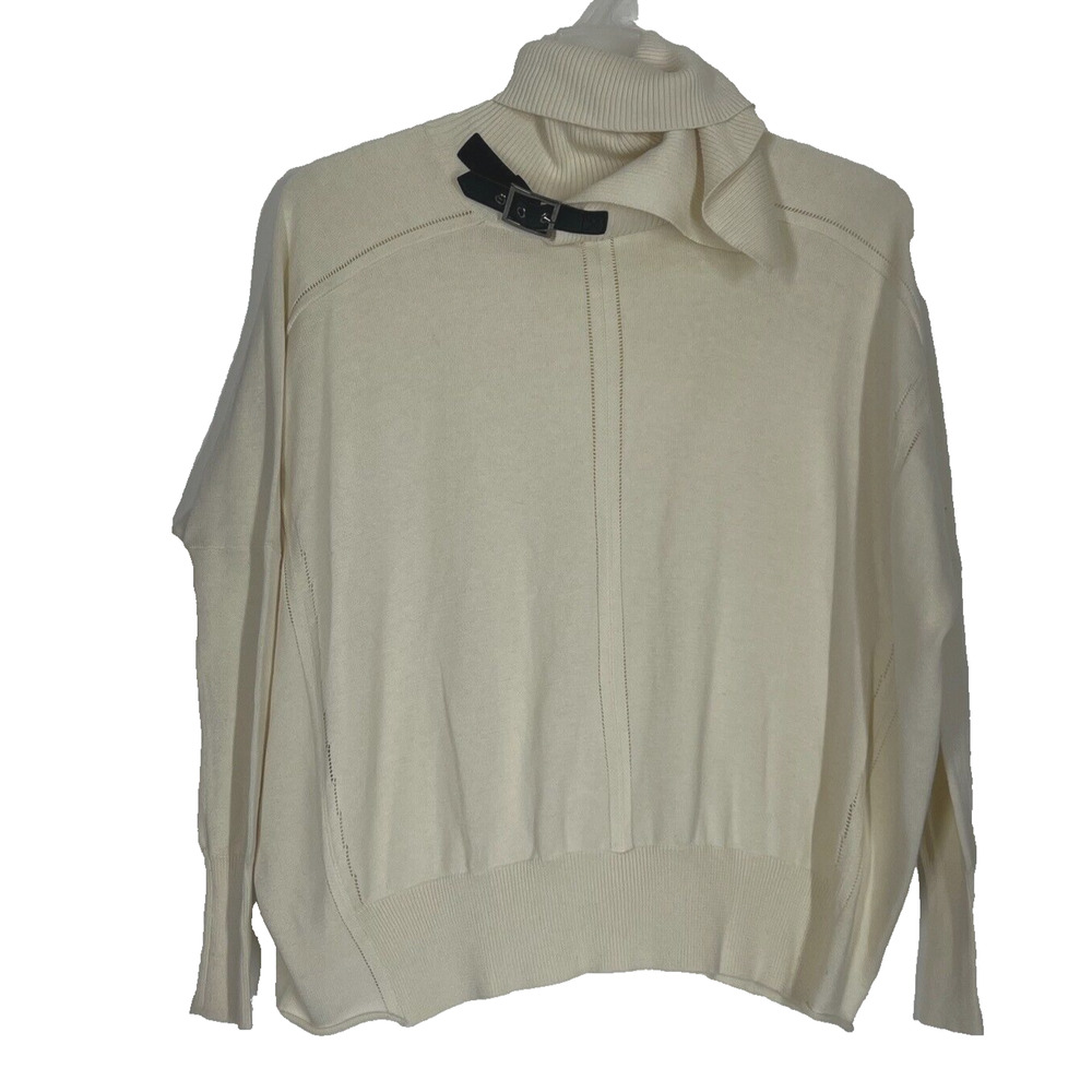 Pullover Sweater Womens XL Cream Drop Shoulder Turtleneck Buckled Strap Accent
